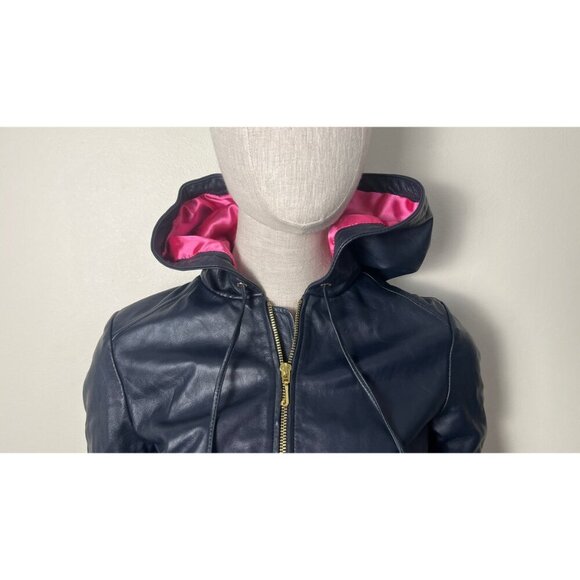JUICY COUTURE LAMBSKIN LEATHER NAVY HOODIE JACKET XS - Picture 7 of 16